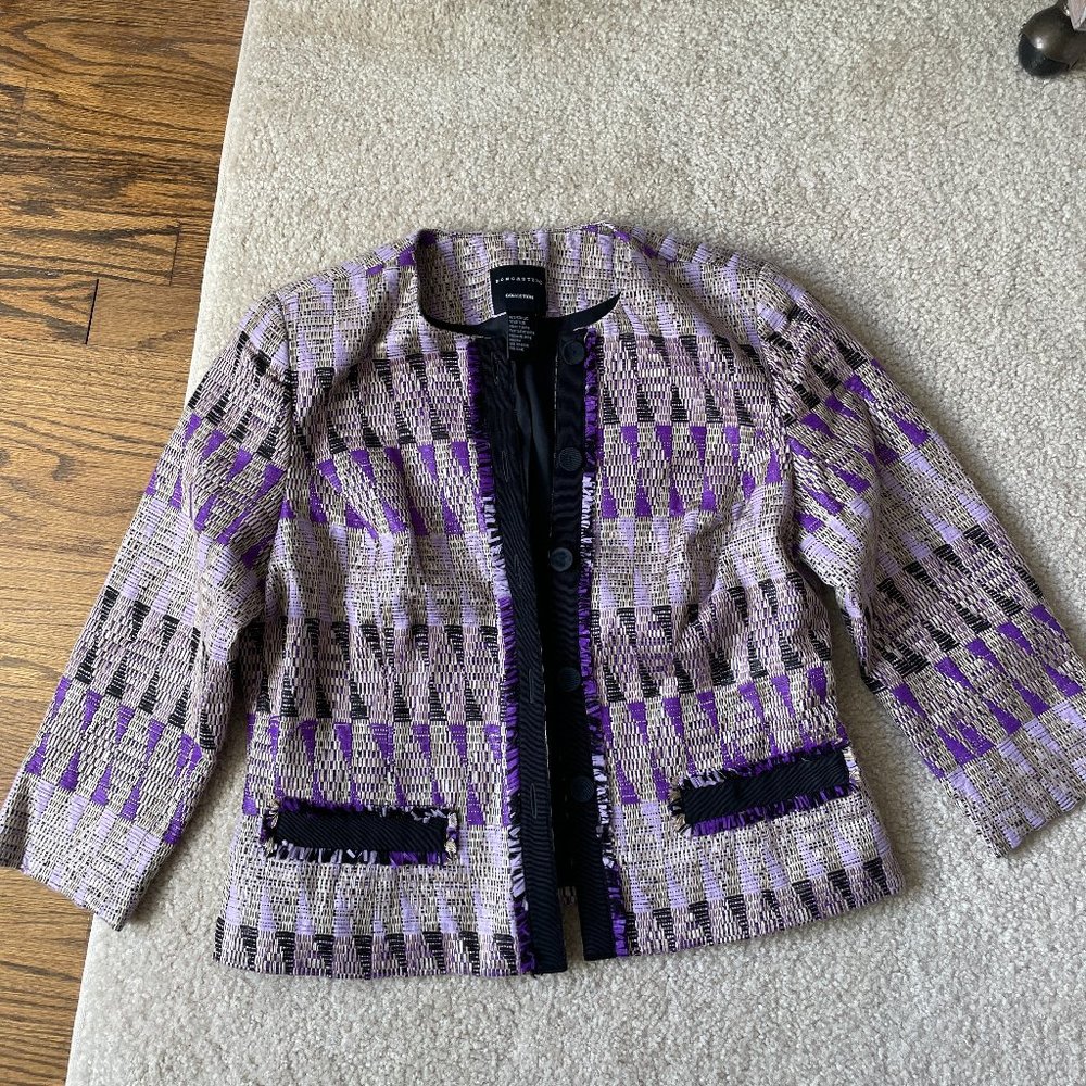 Doncaster Collection Purple/Black/Tan Cropped Jacket with Cropped Sleeves, Sz 8